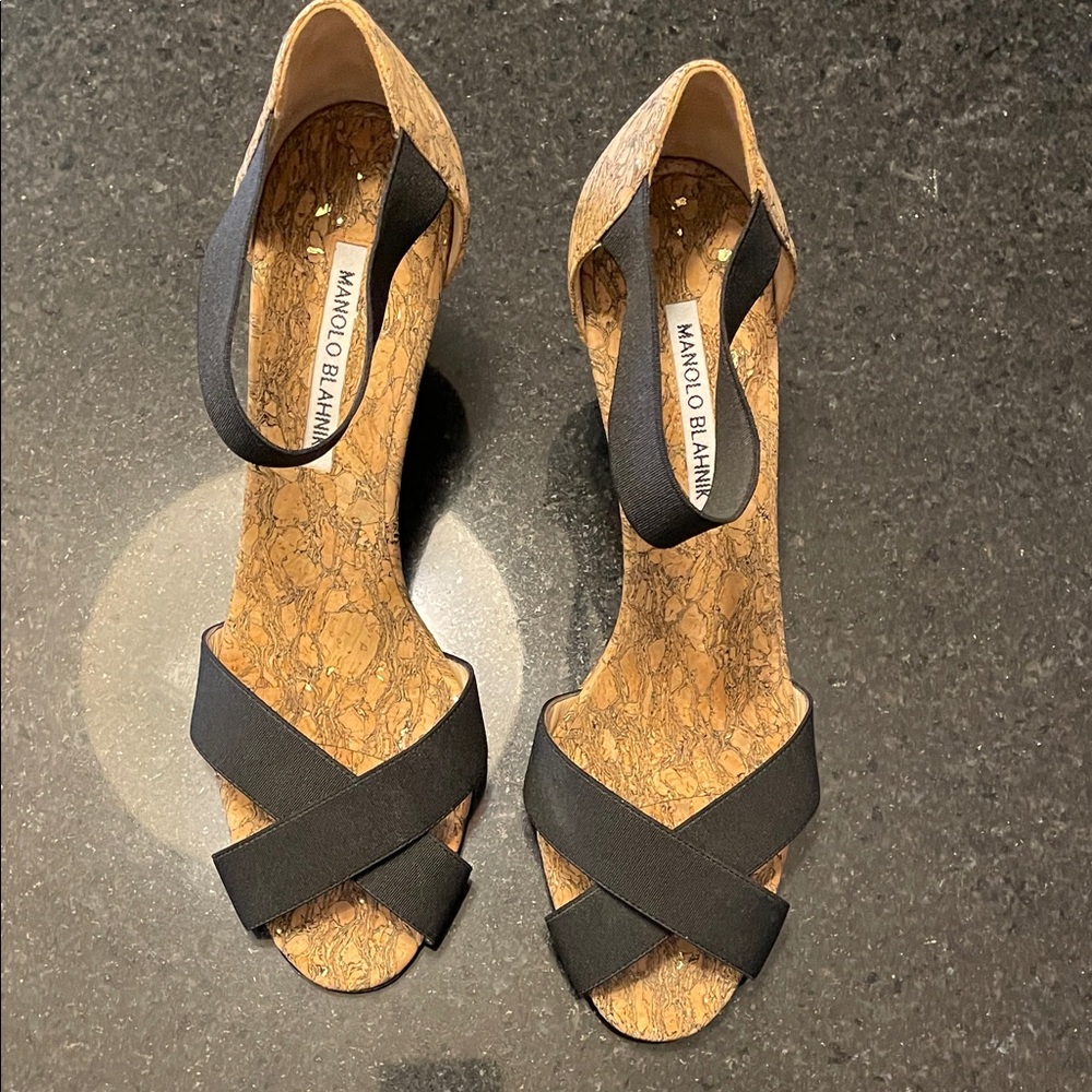 Manolo Blahnik Black and Brown Strappy Heels